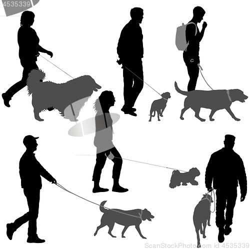 Image of Set silhouette of people and dog on a white background