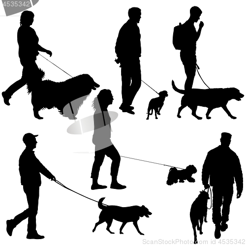 Image of Set silhouette of people and dog on a white background