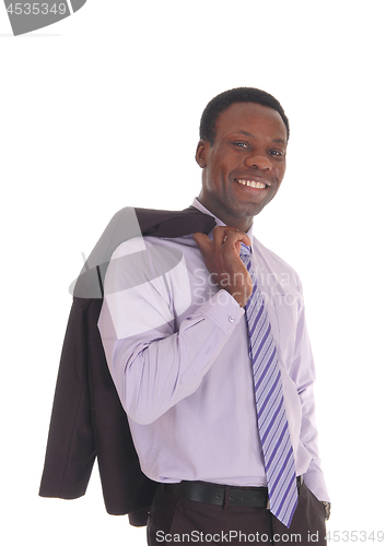 Image of African man smiling with jacket over shoulder