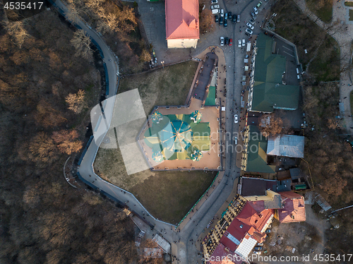 Image of Edifice of St Andrew\'s Church in Kiev city view from above