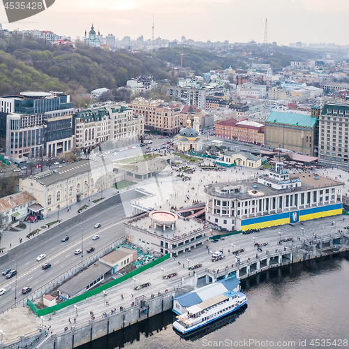 Image of River port and Postal Square with St. Elijah Church , tourist boats on a river Dnepr in Kiev, Ukraine