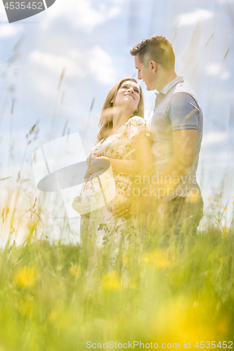 Image of Young happy pregnant couple hugging in nature.