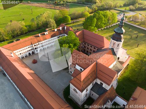 Image of Aerial view of Cistercian monastery Kostanjevica na Krki, homely appointed as Castle Kostanjevica, Slovenia, Europe