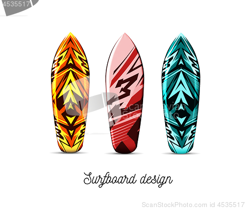 Image of Set of designs for surfer boards on a white background. Vector illustration. Hawaiian style