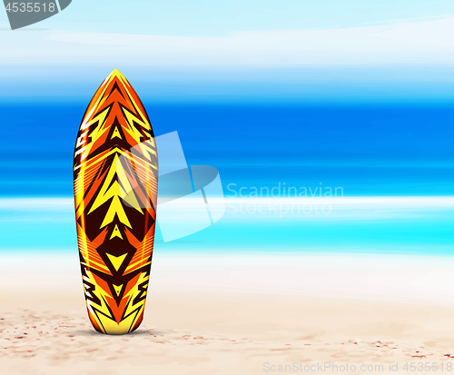 Image of Surfboard on the beach, against the background of the sea or ocean. Vector illustration in a tropical style. Hawaiian design