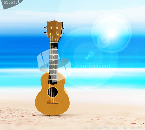 Image of Ukulele on the beach, against the background of the sea or ocean. Vector illustration in a tropical style.