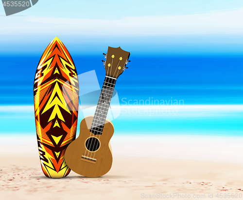 Image of Ukulele guitar and surfboard on the beach, against the background of the sea or ocean. Vector illustration in a tropical style.