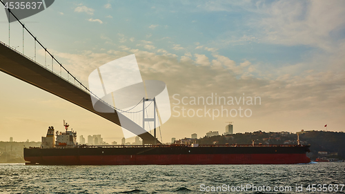 Image of Turkey, Istanbul, Bosphorus Channel, Bosphorus Bridge, an cargo ship under the Bridge.