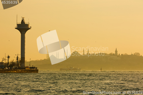 Image of Istanbul beautiful silhouette at sunset on the bosphorus. Creative background.