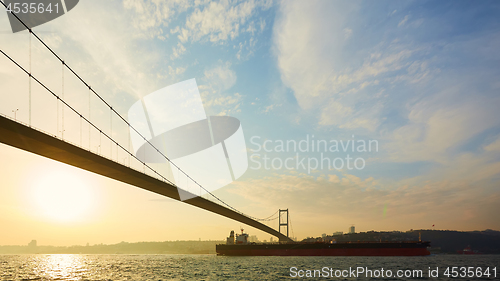 Image of Turkey, Istanbul, Bosphorus Channel, Bosphorus Bridge, an cargo ship under the Bridge.