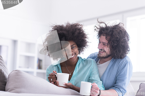 Image of multiethnic couple sitting on sofa at home drinking coffe