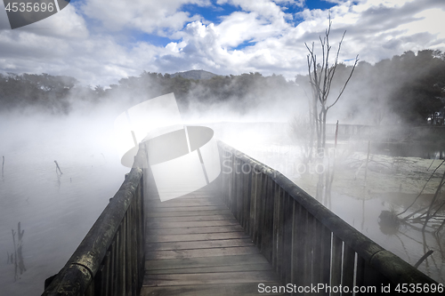 Image of Bridge on a misty lake in Rotorua, New Zealand