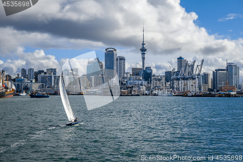 Image of Auckland view from the sea and sailing ship, New Zealand