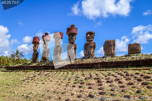 Image of Moais statues site ahu Nao Nao on anakena beach, easter island