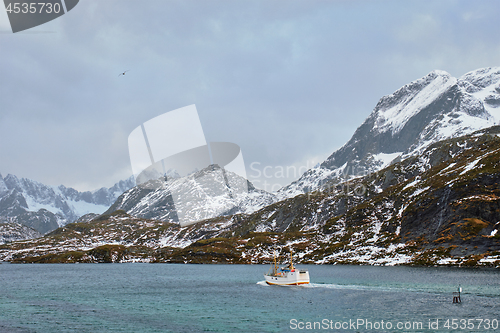 Image of Fishing ship in fjord in Norway