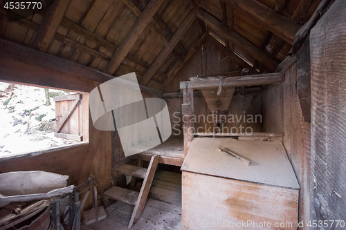 Image of interior of retro wooden watermill