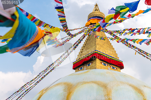 Image of Boudhanath Stupa and prayer flags in Kathmandu