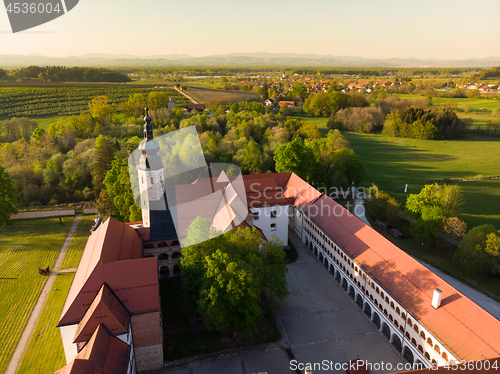 Image of Aerial view of Cistercian monastery Kostanjevica na Krki, homely appointed as Castle Kostanjevica, Slovenia, Europe