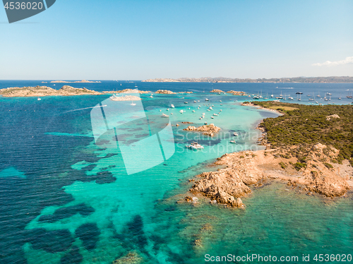 Image of Drone aerial view of Razzoli, Santa Maria and Budelli islands in Maddalena Archipelago, Sardinia, Italy.