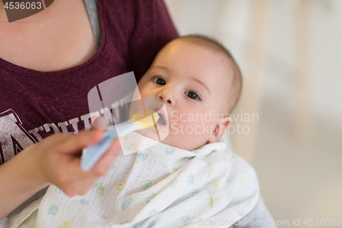 Image of mother with spoon feeding little baby