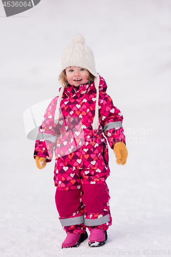 Image of little girl having fun at snowy winter day