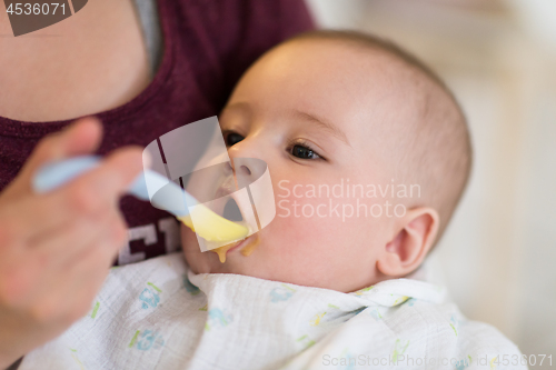 Image of mother with spoon feeding little baby