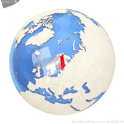 Image of Finland in red on full globe isolated on white