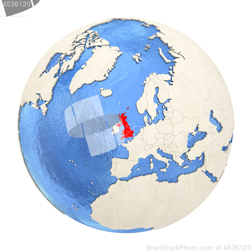 Image of United Kingdom in red on full globe isolated on white