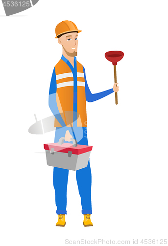 Image of Caucasian plumber holding plunger and tool box.