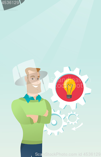 Image of Caucasian man with business idea lightbulb in gear