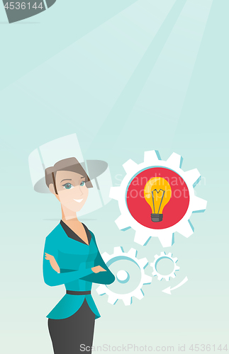 Image of Caucasian woman with business idea bulb in gear.