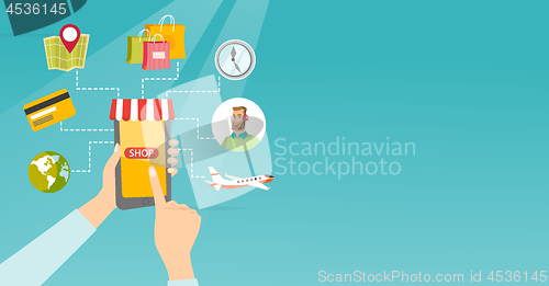 Image of Hands holding phone connected with shopping icons.