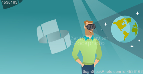 Image of Caucasian man in vr headset getting in open space.