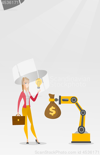 Image of Woman selling idea of engineering of robotic hand.