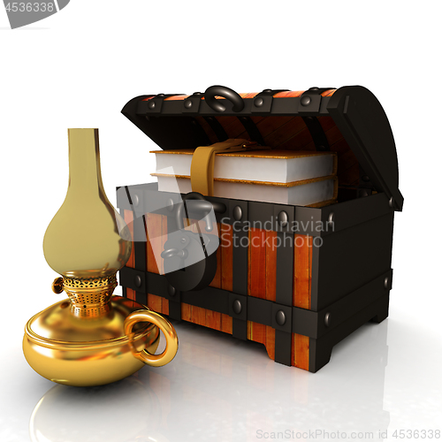 Image of Leather Books in a Chest and kerosene lamp. 3d render