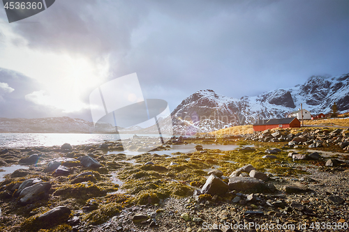 Image of Red rorbu house and fjord in Norway