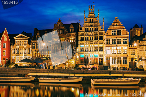 Image of Graslei street and canal in the evening. Ghent, Belgium