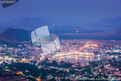 Image of Holy city Pushkar aerial view at dusk from Savitri temple. Pushk