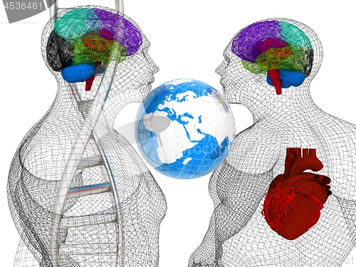 Image of 3D medical background with DNA strands and wire human body model