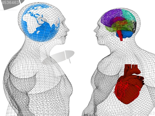 Image of Wire human body model with heart and brain in x-ray. 3d render. 