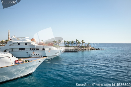 Image of Luxury yacht docking near dock