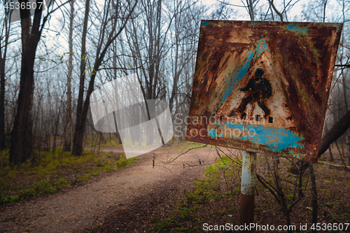 Image of Damaged pedestrian sign at forestal road