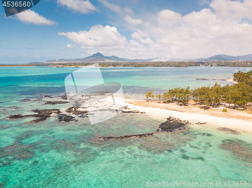 Image of Aerial view of beautiful tropical beach with turquoise sea. Tropical vacation paradise destination of D\'eau Douce and Ile aux Cerfs Mauritius