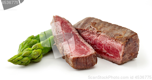 Image of beef wagyu steak meat with asparagus isolated on wight backgroun