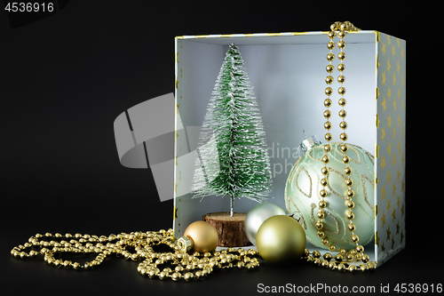 Image of Christmas decoration gift box on black background