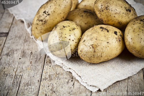 Image of Fresh organic dirty potatoes heap closeup on linen tablecloth on
