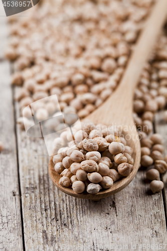 Image of Fresh raw organic chickpeas in wooden spoon on rustic wooden tab