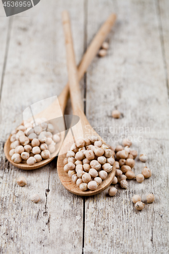 Image of Fresh raw organic chickpeas in wooden spoons on rustic wooden ta