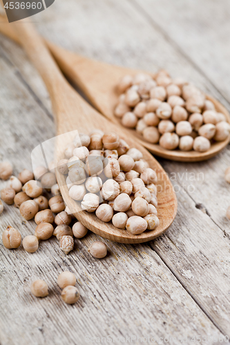 Image of Fresh raw organic chickpeas in wooden spoons on rustic wooden ta