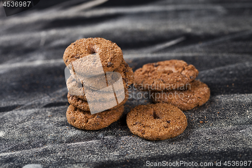 Image of Double chocolate chip fresh cookies stack.